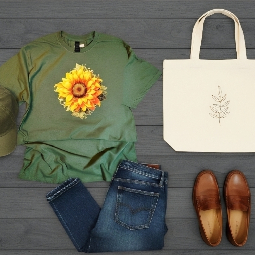 Sunflower Graphic Tee Green Floral Shirt Nature Boho Top